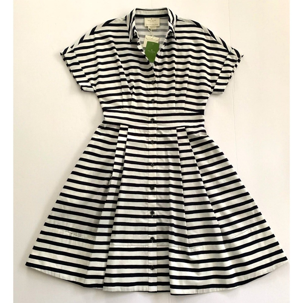 NWT Kate Spade Fit‎ Flare Painterly Stripe Cotton Shirt Dress sz 0 00 XS Navy
